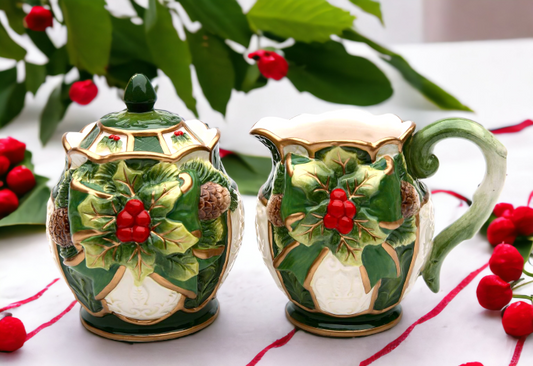 Ceramic Holly Sugar & Creamer, Home Décor, Gift for Her, Gift for Mom, Kitchen Décor, Christmas Décor
