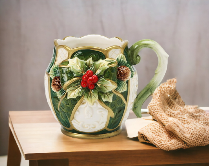 Christmas Ceramic Holly Mug (SET OF 4), Home Décor, Gift for Her, Gift for Mom, Kitchen Décor, Christmas Décor