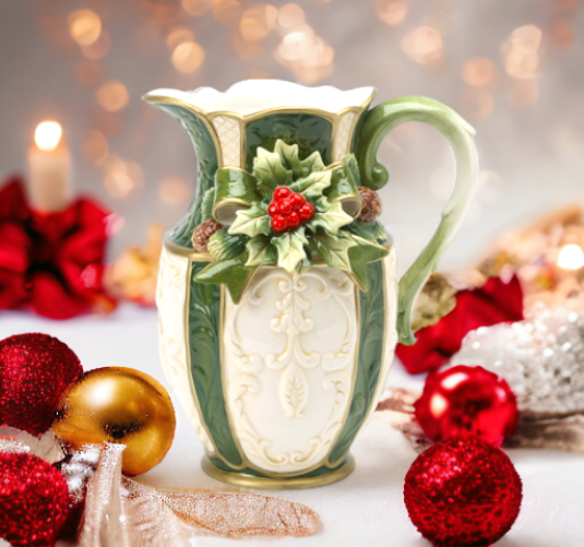 Ceramic Christmas Holly Pitcher, Home Décor, Gift for Her, Gift for Mom, Kitchen Décor, Christmas Décor