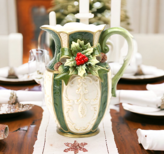 Ceramic Christmas Holly Pitcher, Home Décor, Gift for Her, Gift for Mom, Kitchen Décor, Christmas Décor