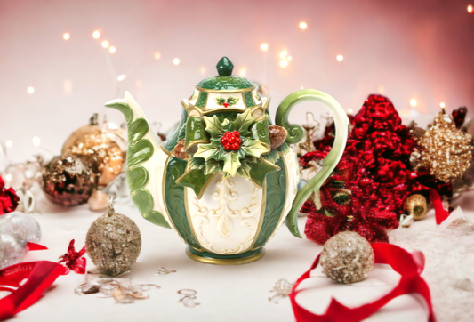 Ceramic Christmas Holly Teapot, Gift for Her, Gift for Mom, Tea Party Décor, Café Décor, Christmas Décor