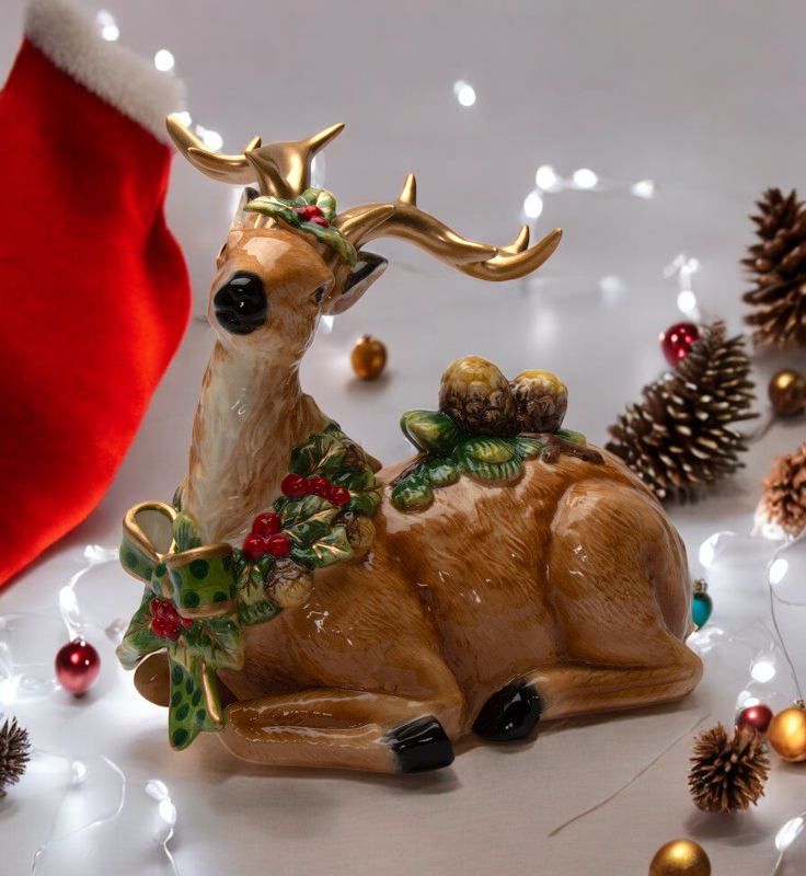 Ceramic Reindeer with Pine Cone Figurine, Christmas Decor