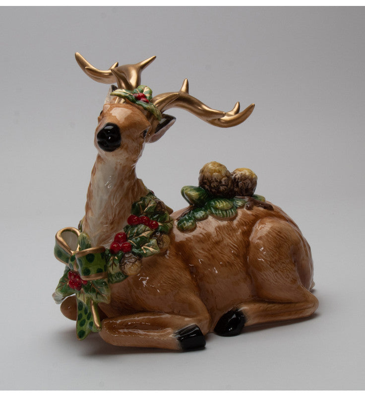 Ceramic Reindeer with Pine Cone Figurine, Christmas Decor