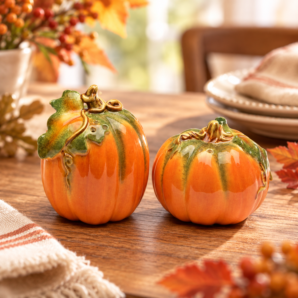 Orange Pumpkin Salt and Pepper Shakers, Handpainted Ceramic Fall Kitchen Décor