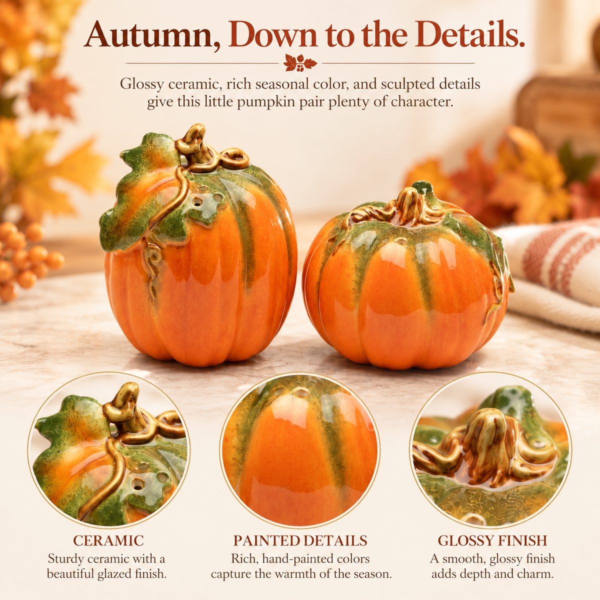Orange Pumpkin Salt and Pepper Shakers, Handpainted Ceramic Fall Kitchen Décor