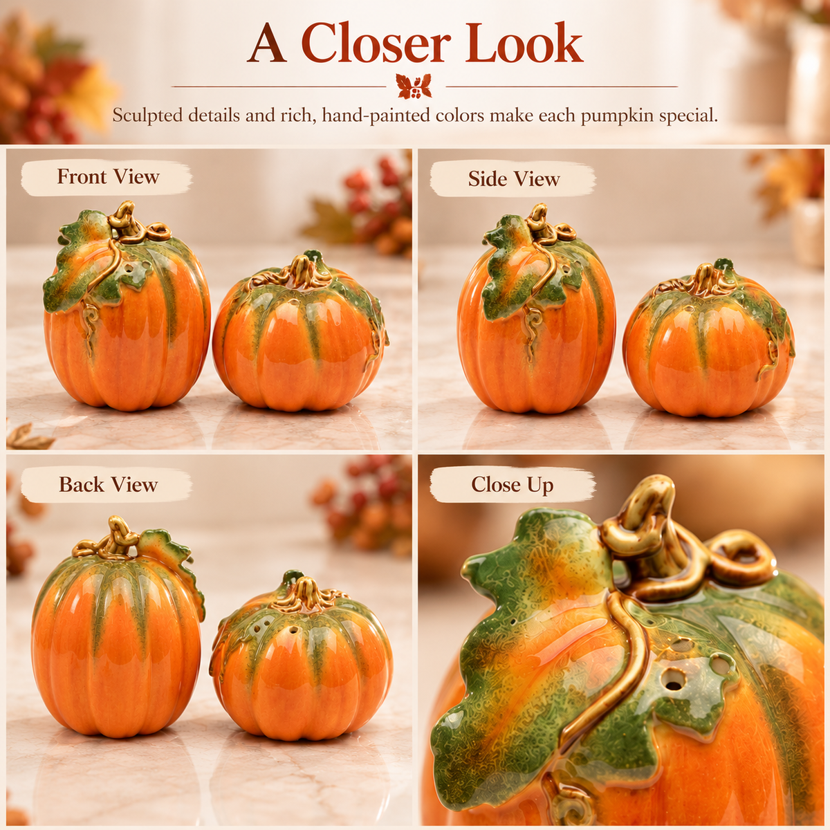 Orange Pumpkin Salt and Pepper Shakers, Handpainted Ceramic Fall Kitchen Décor