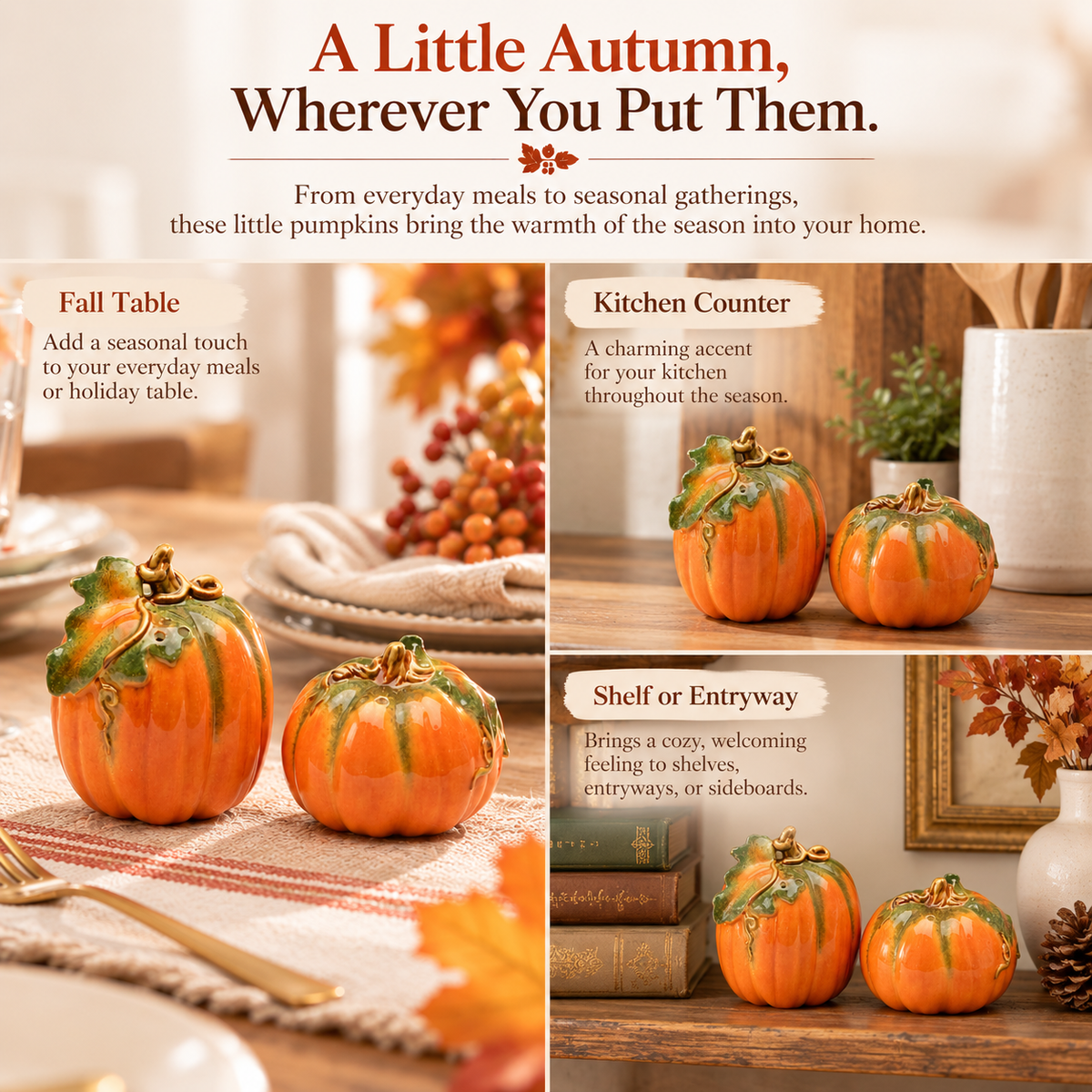 Orange Pumpkin Salt and Pepper Shakers, Handpainted Ceramic Fall Kitchen Décor