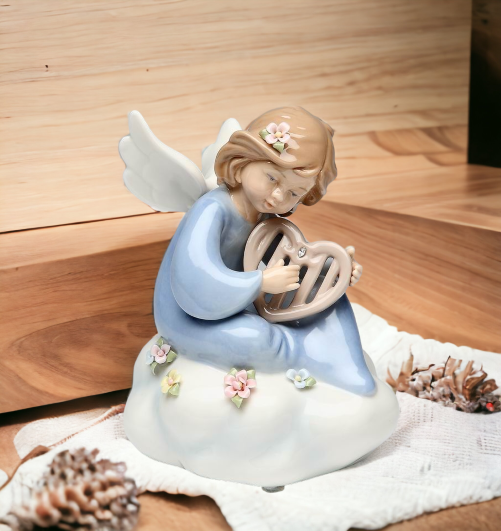 Ceramic Angel Playing Harp on Cloud Music Box, Home Décor, Religious Décor, Religious Gift, Church Décor, Baptism Gift