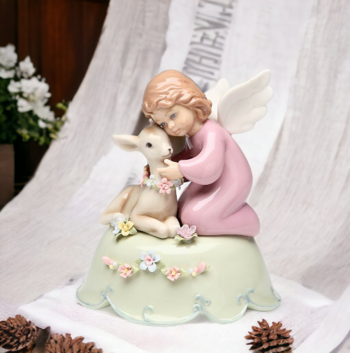 Ceramic Angel with Deer Music Box, Home Décor, Religious Décor, Religious Gift, Church Décor, Baptism Gift