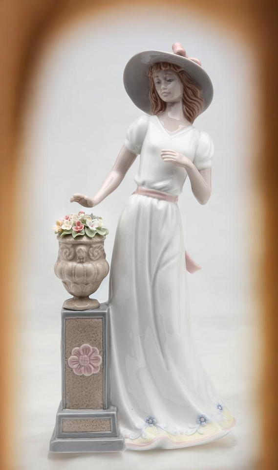 Ceramic Lady Standing Next To Pot of Flowers Figurine, Home Decor, Gift for Her, Gift for Mom