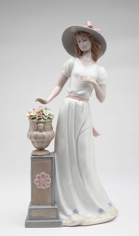 Ceramic Lady Standing Next To Pot of Flowers Figurine, Home Decor, Gift for Her, Gift for Mom