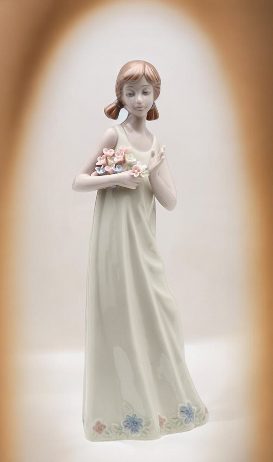 Ceramic Lady in Dress Holding Flowers Figurine, Home Decor, Gift for Her, Gift for Mom