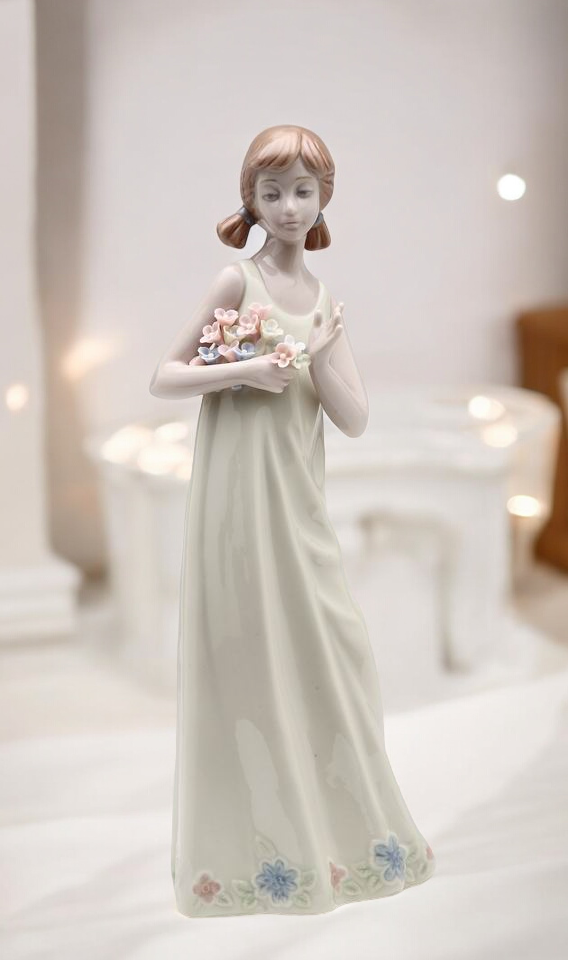 Ceramic Lady in Dress Holding Flowers Figurine, Home Decor, Gift for Her, Gift for Mom