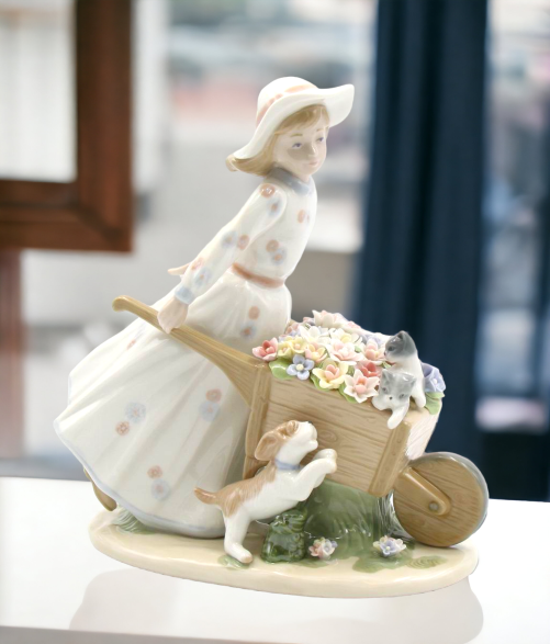 Ceramic Girl With Flower Wagon Figurine, Home Décor, Gift for Her, Mom, Farmhouse Kitchen Décor, Vintage Decor