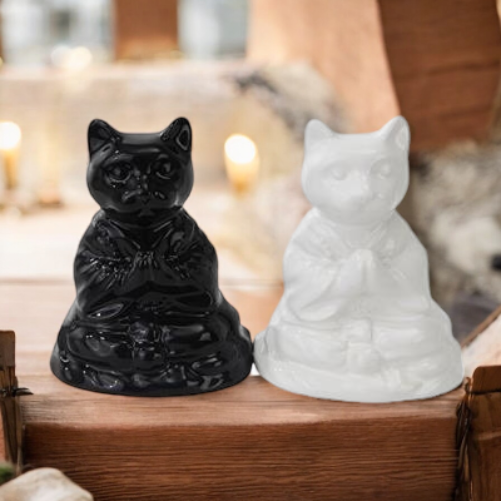 Ceramic Black and White Buddha Cats, Buddhism Decor, Cat Lover Gift, Religious Decor