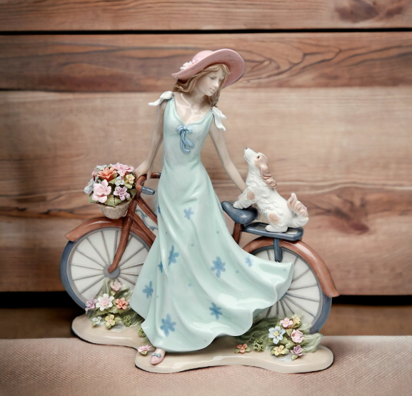 Ceramic Pretty Lady and Dog on Bicycle with Flower Basket Figurine, Home Décor, Gift for Her, Gift for Mom, Dog Lover Gift, Pet Loss Gift