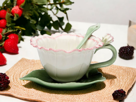 Ceramic Carnation Flower Cup and Saucer and Spoon-1 Set, Gift for Her or Mom, Gift for Friend or Coworker, Tea Party Décor, Café Decor