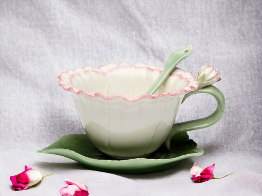 Ceramic Carnation Flower Cup and Saucer and Spoon-2 Sets, Gift for Her or Mom, Gift for Friend or Coworker, Tea Party Décor, Café Decor