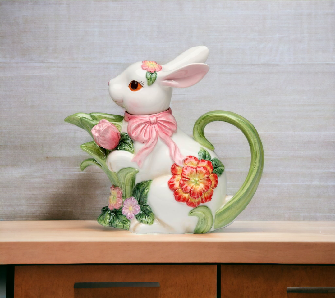 Ceramic Easter Bunny Rabbit with Flowers Teapot, Gift for Her, Gift for Mom, Tea Party Décor, Café Décor, Spring Decor