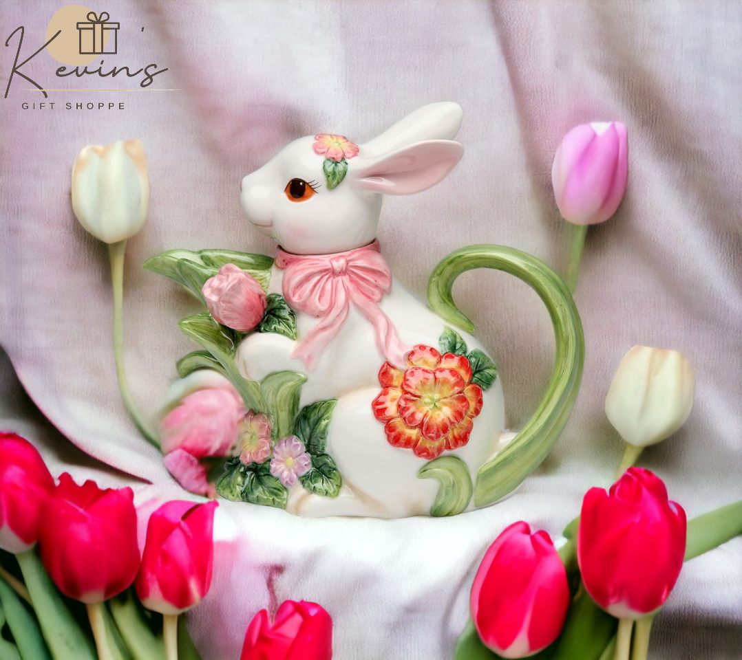 Ceramic Easter Bunny Rabbit with Flowers Teapot, Gift for Her, Gift for Mom, Tea Party Décor, Café Décor, Spring Decor