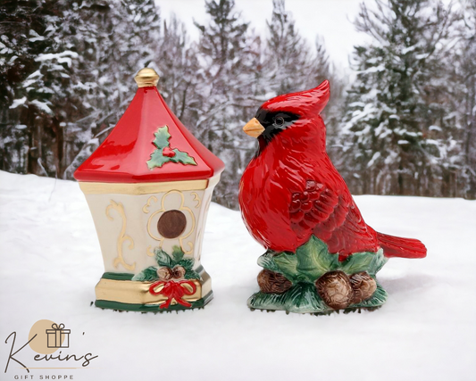 Ceramic Cardinal Bird & Bird House Salt & Pepper Shakers, Gift for Her, Gift for Mom, Kitchen Décor, Birdwatcher Gift, Christmas Decor