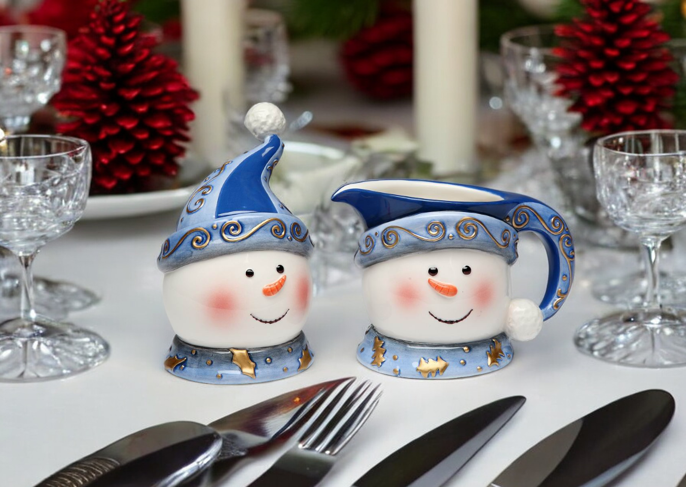 Ceramic Snowman Sugar and Creamer Set, Christmas Decor, Hot Cocoa Set, Gift for Her, Gift for Mom