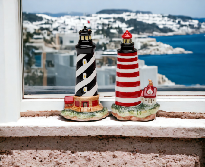 Ceramic Black & Red Lighthouse Salt & Pepper Shakers, Home Décor, Gift for Her, Gift for Mom, Kitchen Décor