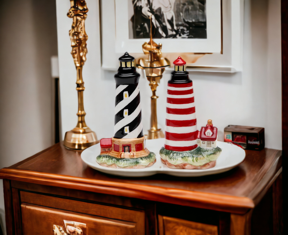 Ceramic Black & Red Lighthouse Salt & Pepper Shakers, Home Décor, Gift for Her, Gift for Mom, Kitchen Décor