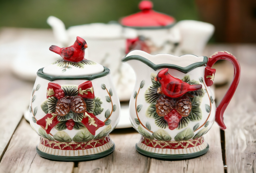 Ceramic Sugar Bowl and Creamer with Cardinals and Pine Cones, Home Décor, Gift for Her, Gift for Mom, Kitchen Décor, Christmas Décor