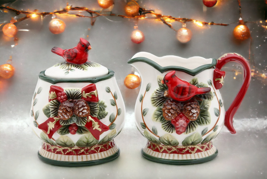 Ceramic Sugar Bowl and Creamer with Cardinals and Pine Cones, Home Décor, Gift for Her, Gift for Mom, Kitchen Décor, Christmas Décor
