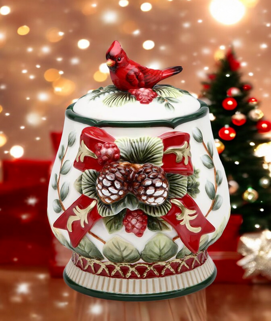 Ceramic Christmas Candy Jar with Cardinal Bird, Christmas Decor