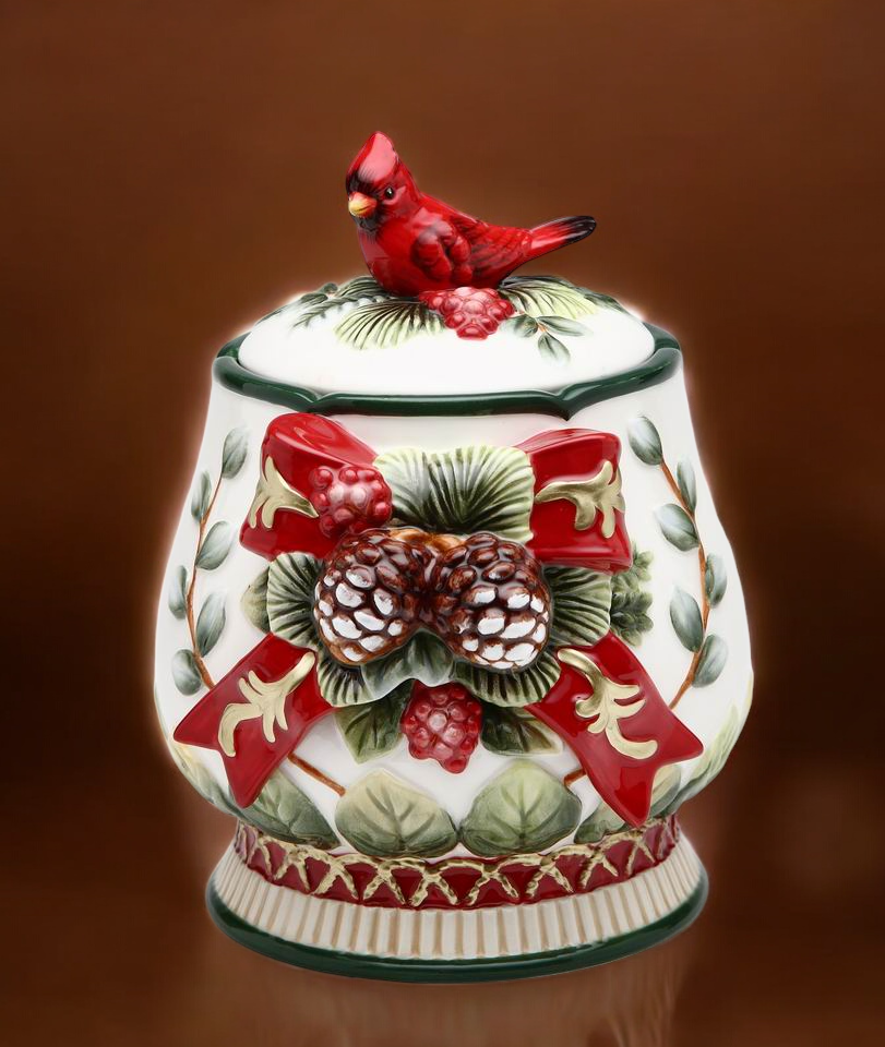 Ceramic Christmas Candy Jar with Cardinal Bird, Christmas Decor