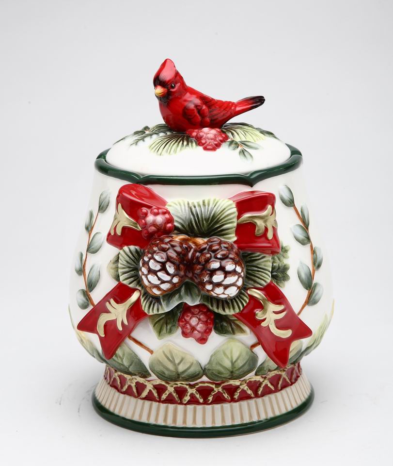 Ceramic Christmas Candy Jar with Cardinal Bird, Christmas Decor