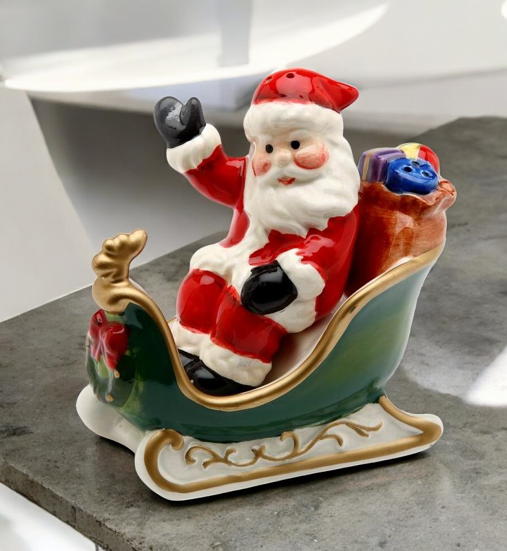 Ceramic Santa on Sleigh Salt and Pepper Shakers, Christmas Decor, Gift for Her