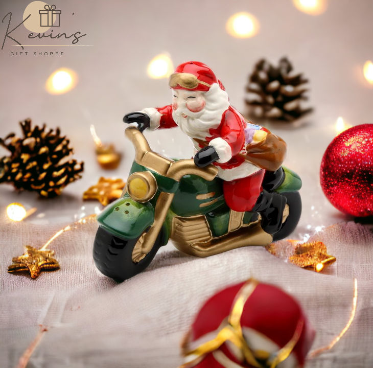 Ceramic Christmas Santa Riding Motorcycle Salt & Pepper Shakers, Home Décor, Gift for Her, Gift for Mom, Kitchen Décor, Christmas Décor