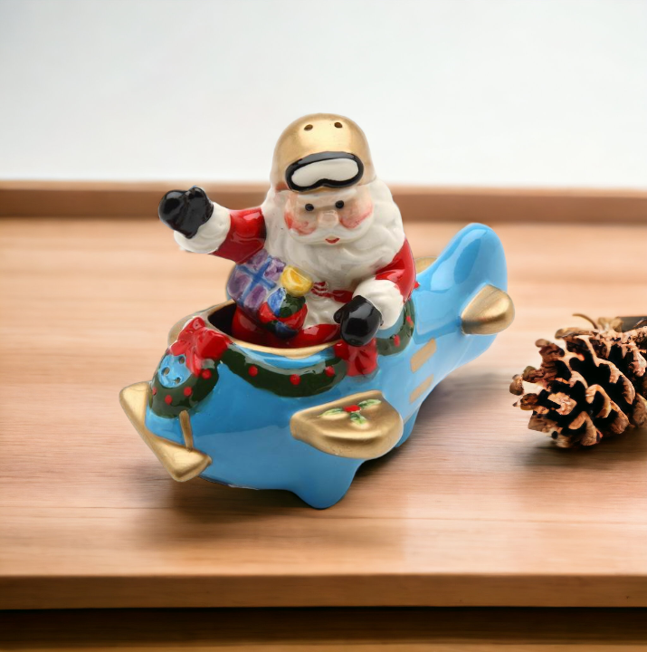 Ceramic Christmas Santa Flying Blue Airplane Salt & Pepper Shakers, Gift for Pilot, Gift for Her, Gift for Mom, Kitchen Décor