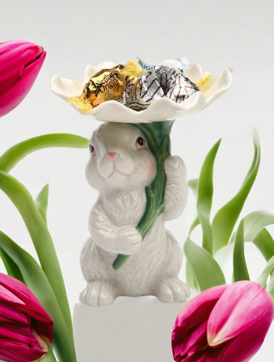 Ceramic Easter Bunny Rabbit Holding Flower Candy Dish, Home Décor, Gift for Her, Gift for Mom, Kitchen Décor, Spring Décor, Easter Décor