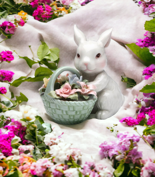 Ceramic Easter Bunny Rabbit With Flower Basket Figurine, Home Décor, Gift for Her, Gift for Mom, Spring Decor