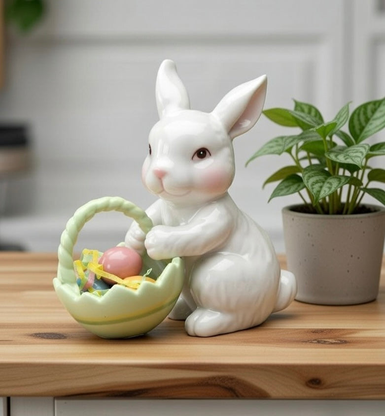 Ceramic Bunny Rabbit With Easter Egg Basket Figurine, Home Décor, Gift for Her, Gift for Mom, Kitchen Décor, Spring Décor, Easter Décor