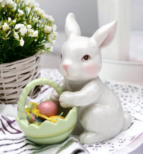 Ceramic Bunny Rabbit With Easter Egg Basket Figurine, Home Décor, Gift for Her, Gift for Mom, Kitchen Décor, Spring Décor, Easter Décor