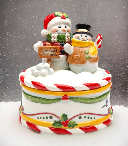 Ceramic Snowmen Selling Snowballs Candy Box, Home Décor, Gift for Her, Gift for Mom, Kitchen Décor, Christmas Décor