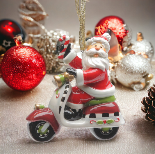 Ceramic Santa Claus Riding Scooter Ornament, Home Décor, Gift for Her, Mom, Him, Dad, Christmas tree Décor, Wall Decor