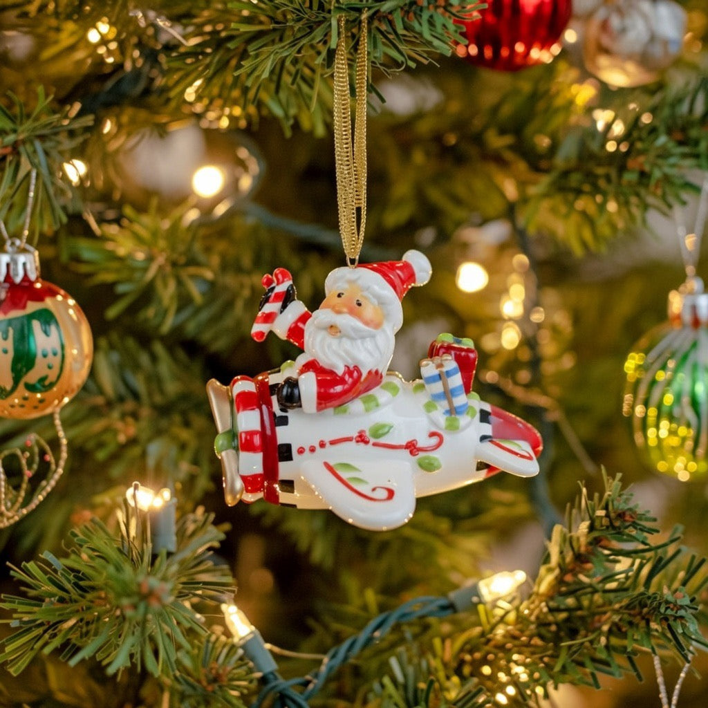 Ceramic Santa Flying Airplane Tree Ornament, Home Décor, Gift for Her, Him, Dad, Mom, Gift for Pilot, Christmas Décor