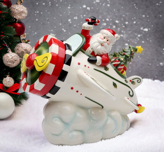 Ceramic Santa With Airplane Cookie Jar, Home Décor, Gift for Pilot, Gift for Her, Gift for Mom, Kitchen Décor, Christmas Décor