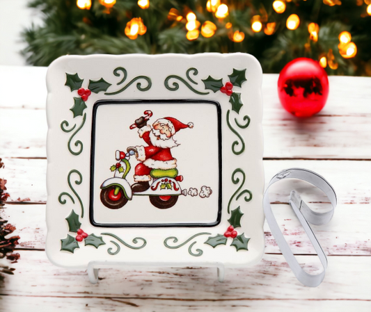 Ceramic Santa With Scooter Plate And Candy Cane Cookie Cutter, Home Décor, Gift for Her, Gift for Mom, Kitchen Décor, Christmas Décor