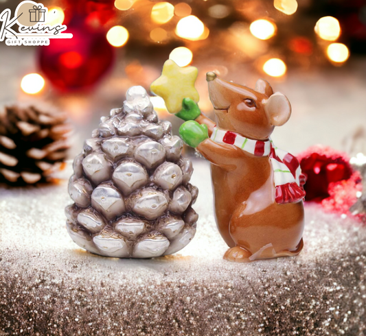 Ceramic Christmas Mouse With Pinecone Salt & Pepper Shakers, Home Décor, Gift for Her, Gift for Mom, Kitchen Décor, Christmas Décor