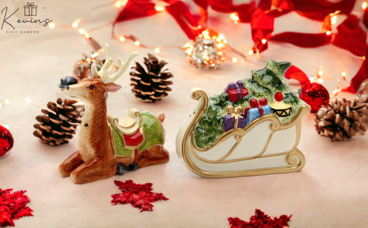 Ceramic Christmas Sleigh With Deer Salt & Pepper Shakers, Home Décor, Gift for Her, Gift for Mom, Kitchen Décor, Christmas Décor