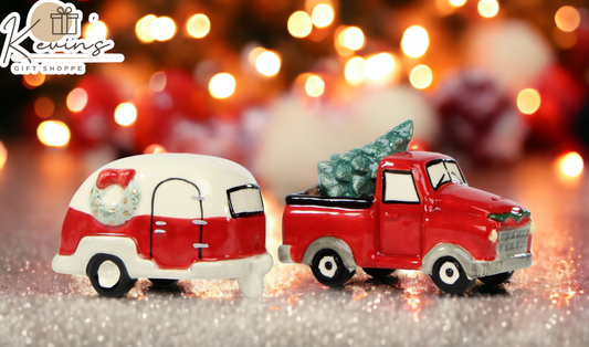 Ceramic Red Truck with Christmas Tree & Trailer Salt And Pepper Shakers, Home Décor, Gift for Her, Gift for Mom, Kitchen Décor