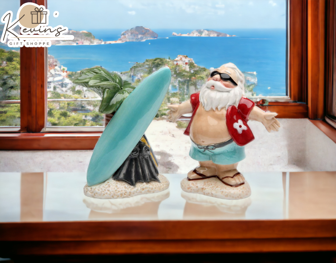 Ceramic Christmas Hawaiian Surfing Santa Salt & Pepper Shakers, Home Décor, Gift for Her, Gift for Mom, Kitchen Décor, Christmas Décor