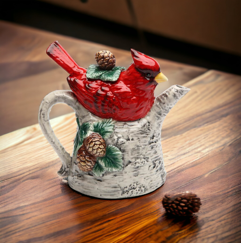 Ceramic Cardinal Bird On Birchtree Teapot, Gift for Her, Gift for Mom, Birdwatcher, Tea Party Décor, Café Décor, Christmas Décor